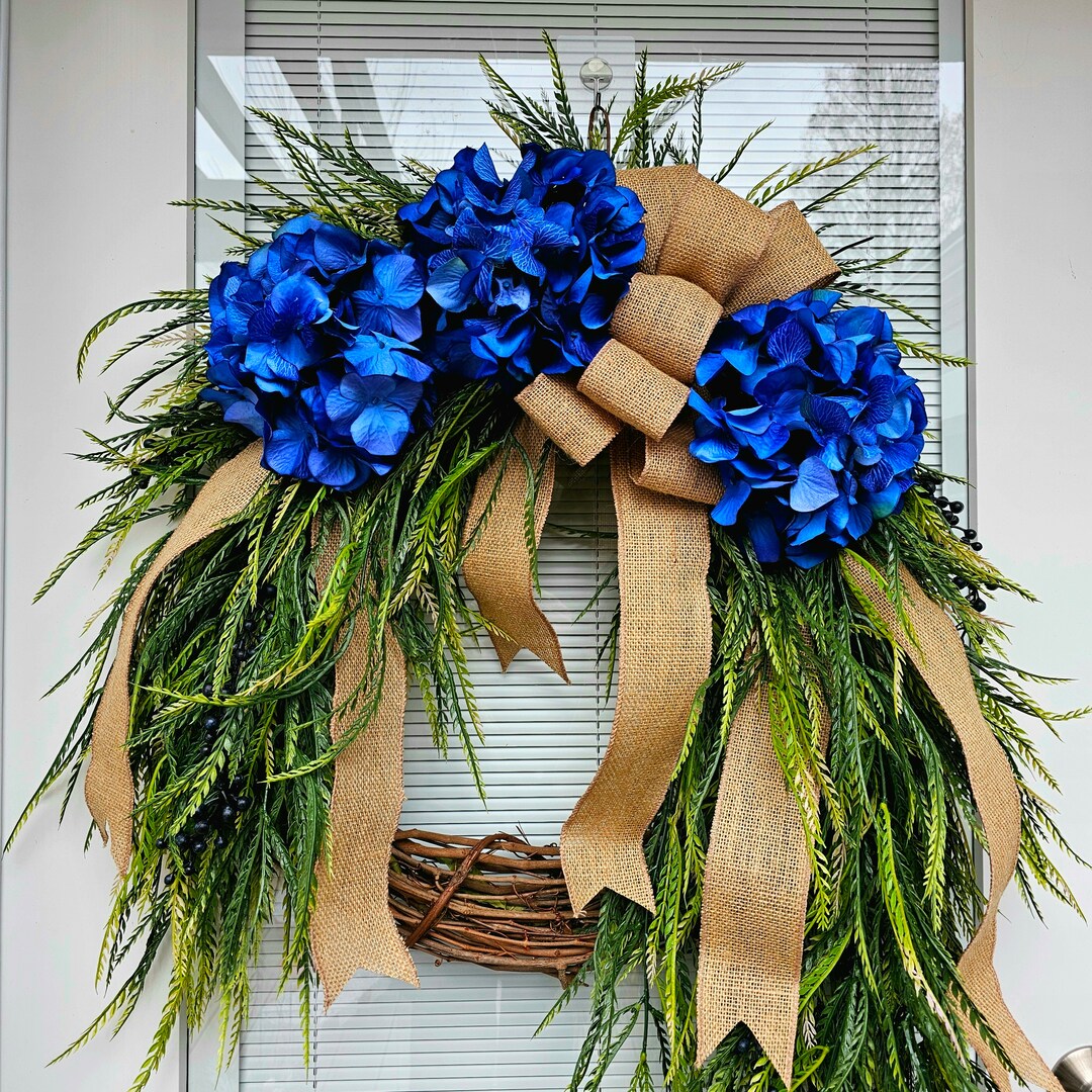 23 Inch Spring Wreath With Blue Green Hydrangeas - Outdoor Indoor Floral Door Wreath For All Seasons